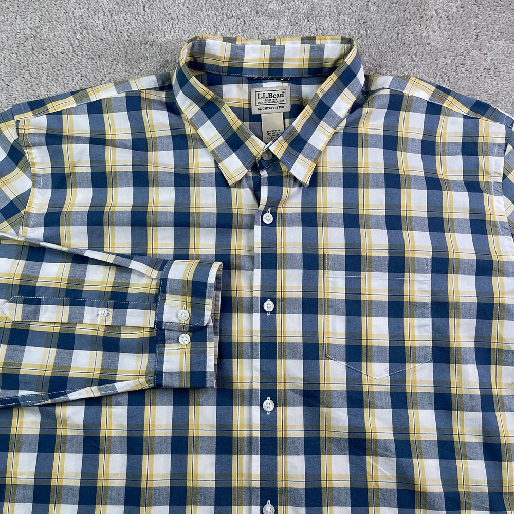 LL Bean Shirt Mens 2XL Blue Yellow Plaid Comfort Stretch Performance Untucked